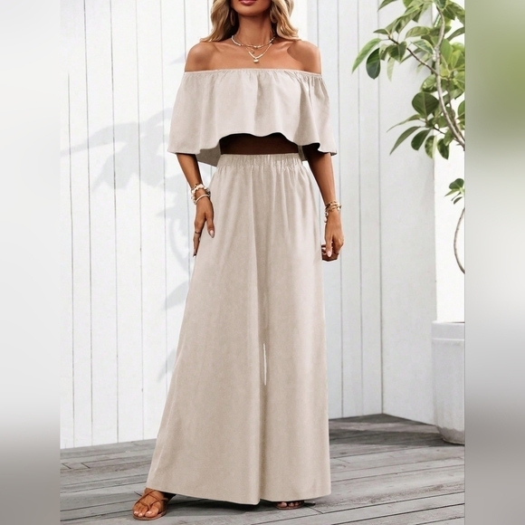 Solid Color Simple Daily Off-Shoulder Long Pant Suit, 2pcs - Picture 2 of 4